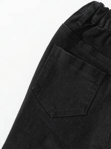 Young Girl Elastic Waist Personalized Oblique Design Distressed Ripped Denim Flare Pants - Black - View 7