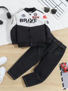 SHEIN 2 件装年轻男孩撞色夹克/外套和牛仔裤时尚套装