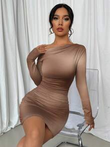 Chiquease Smudge Print Asymmetrical Neck Pleated Long Sleeve Dress - Brown - View 3