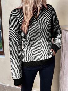 SHEIN LUNE Women Casual Herringbone Pattern Dropped Shoulder Sweater, Suitable For Autumn And Winter Knit Pullover Fall - Black and White - View 3