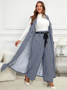 SHEIN Clasi 2pcs/Set Plus Size Women Houndstooth Print Long Jacket & Wide-Leg Pants Suit - Navy Blue - View 3