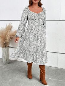 SHEIN VCAY 大码度假方领灯笼袖连衣裙秋冬时尚新品，法式女装 - 白色 - 查看 3