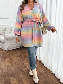 SHEIN VCAY Plus Size Ombre Gradient Long Sleeve Cardigan With Belt - Multicolor - View 4