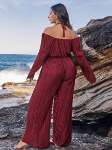 SHEIN VCAY Mono de talla grande con otoño/invierno con escote halter atado, manga larga, cintura ceñida, plisado y pierna ancha, para fiestas y días festivos en color vino tinto