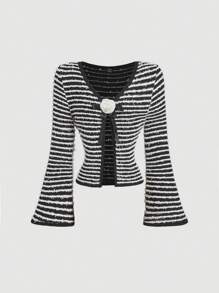 SHEIN MOD Women Black & White Stripe Knitted Top, Long Sleeve Outerwear Top, Autumn Knitwear, New Years - Black and White - View 1