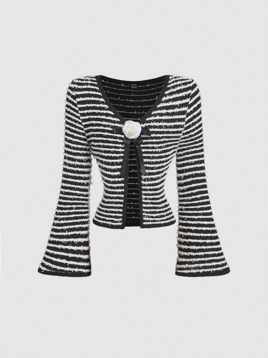SHEIN MOD Women Black & White Stripe Knitted Top, Long Sleeve Outerwear Top, Autumn Knitwear, New Years - Black and White - View 1