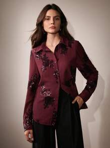 Anewsta 法式优雅玫瑰串珠刺绣透明女式衬衫 - 中紫紅色 - 查看 3