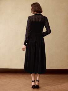 MOTF PREMIUM فستان مع شق في الرقبة والذيل المنتفخ بلا حزام، وإدراج من الدانتيل المخملي