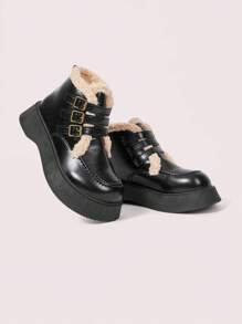 CUCCOO DOLLMOD European And American Style Black Fuzzy Cuff Warm Leather Boots With Chunky Heel And Platform, Ankle And Short Length Gothic Boots For Women For Christmas And New Year Holiday