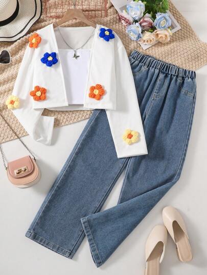 SHEIN Tween Girls 2 件彩色花卉 3D 贴花开衫和休闲牛仔裤套装，适合日常穿着