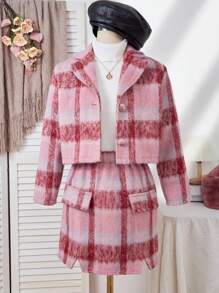 青少年女孩正面纽扣长袖格子简约上衣和裙子休闲两件套，圣诞节