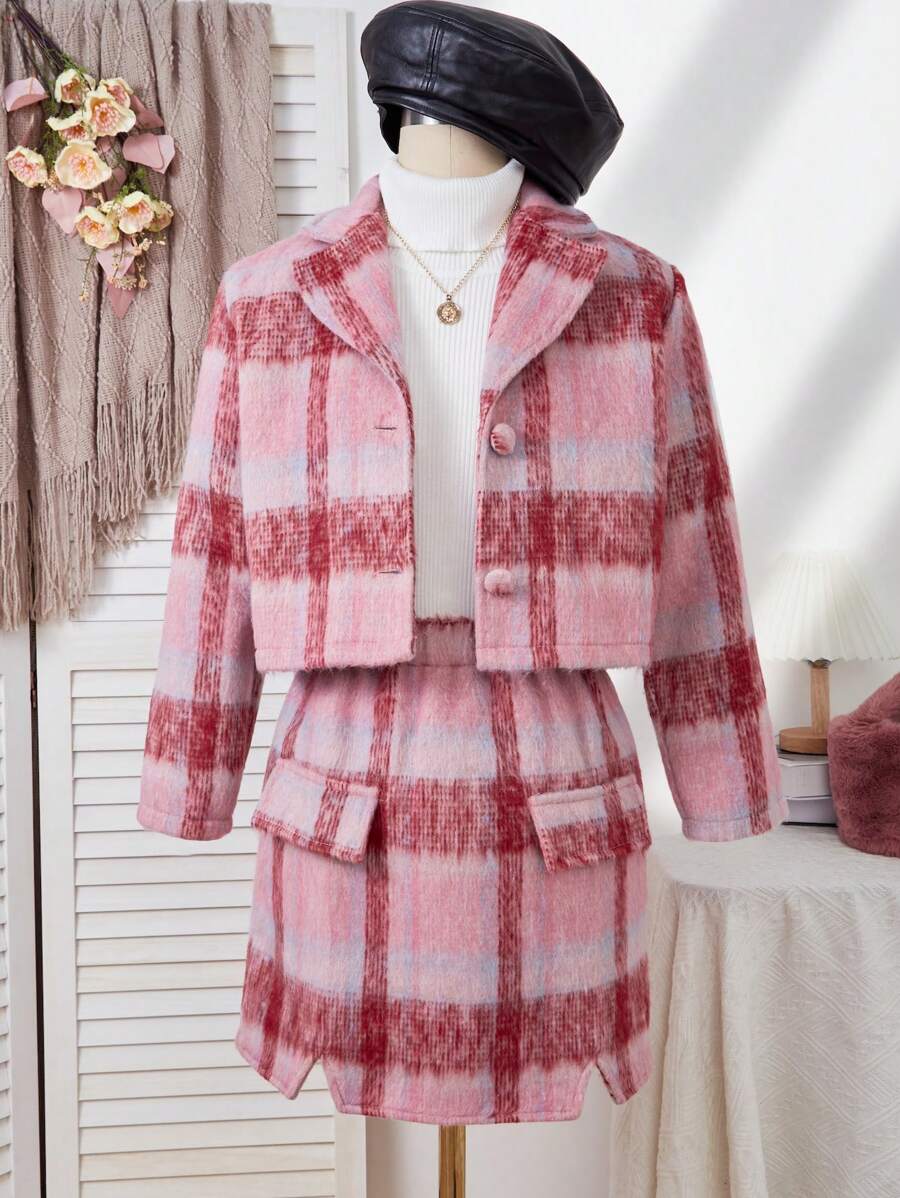 青少年女孩正面纽扣长袖格子简约上衣和裙子休闲两件套，圣诞节