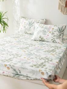 3 件套柔软舒适的白色背景绿色植物和彩色花卉床笠套装，适合卧室装饰 - 彩色 - 查看 7