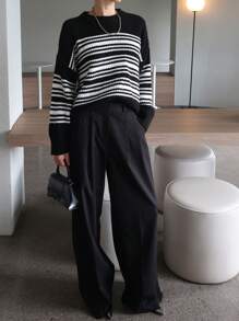 DAZY Suéter holgado de cuello redondo de manga larga con bloques de color y rayas para mujer, ropa de mujer de otoño - Negro - Ver 6