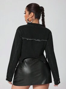 SHEIN ICON Plus Size Front Zip Long Sleeve Pocket Casual Washed Stretchy Christmas Women Thanksgiving Women Denim Jacket - Black - View 2