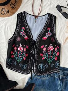 Soleia 度假女士多彩复古定位提花V领无袖开襟系带开襟梭织提花背心，新年女装，女士冬装，女士西装，女士生日服装