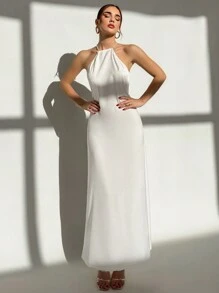 Aloruh 優雅白色夏季婚禮賓客露背緞面仿珍珠鏈飾女款聖誕生日派對跨年晚會洋裝 - 白色 - 查看 2