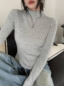 DAZY Women's Solid Color Turtleneck Long Sleeve Fitted Ribbed T-Shirt, Autumn,Fall Women Clothes - Grey - View 5