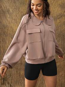 VARSITIE 长袖宽松休闲女士运动夹克 - 棕色 - 查看 3