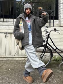 DAZY Manteau ample en molleton avec lettres appliquées, style décontracté streetwear pour femmes. Vêtements d'automne/hiver, veste pour femmes, vêtements d'automne pour femmes - Gris foncé - Voir 9