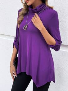 EMERY ROSE Áo thun dài tay trơn màu trơn ve áo bất đối xứng cho nữ, mùa thu - Màu tím - Xem 3