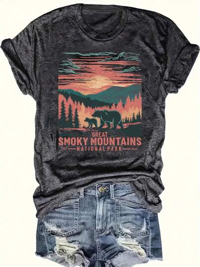 INAWLY Bear Print Round Neck T-Shirt, Casual Short Sleeve Top, Spring/Summer, Women Clothing Round Neck Short Sleeve Women T-Shirt, Holiday Wear, Plus Size T-Shirt Graphic Tees Women Tops