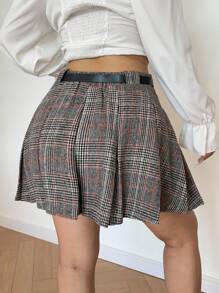 Flirla Plus Size Minimalist Fashion Casual Versatile Retro Plaid Pleated Skirt With Belt - Multicolor - View 3