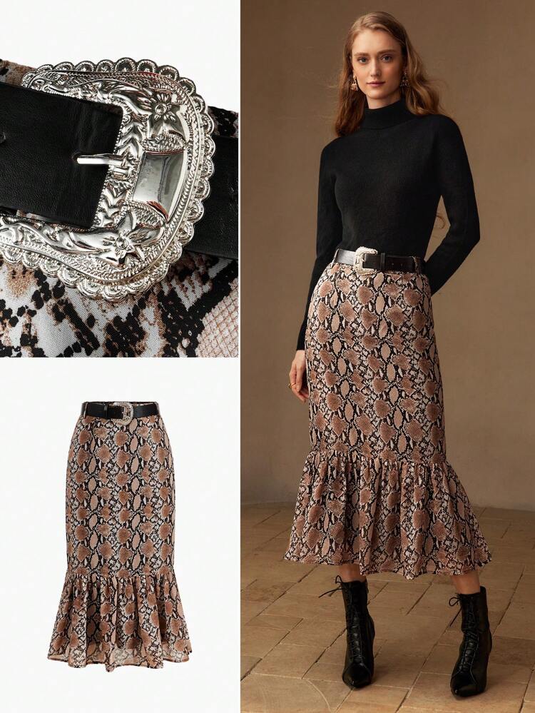 SNAKESKIN PRINT MERMAID HEM SKIRT WITH BELT