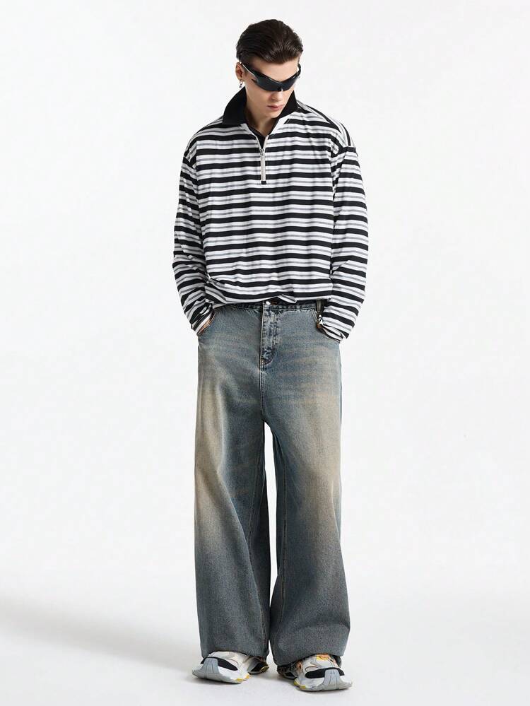 Men's Distressed Embroidery Decor Street Style Casual Long Denim Jeans