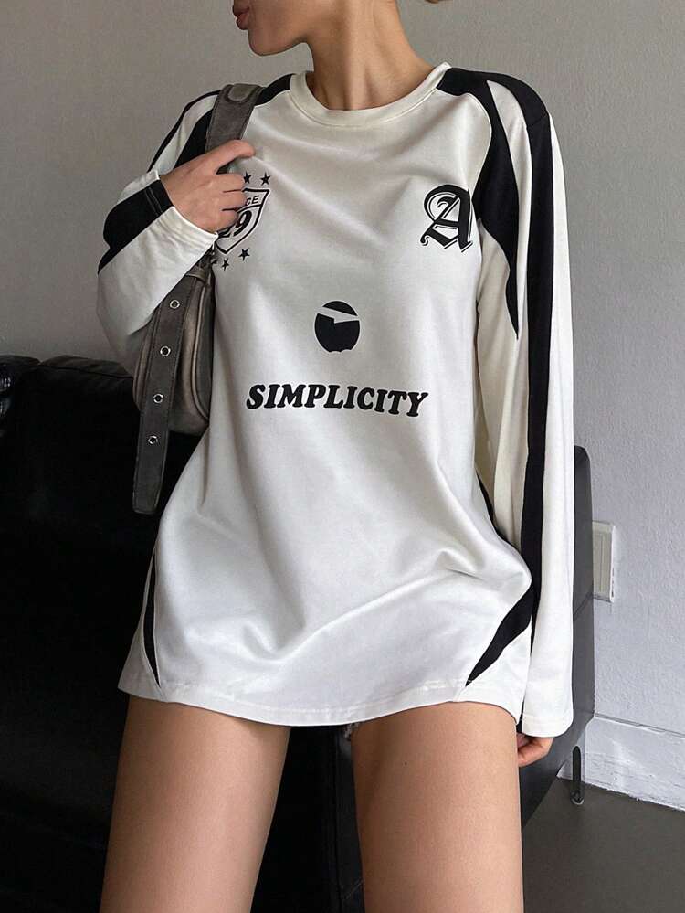 Women's Round Neck Colorblock Letter Print Long Sleeve T-Shirt,Fall Clothes