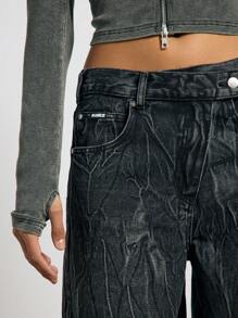 AiiRZ 压皱纹理洗水宽松版型筒形牛仔裤 - 黑色 - 查看 3