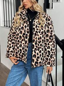 SHEIN LUNE Abrigo de mujer con cierre frontal, manga larga, estampado de leopardo, acolchado minimalista, para uso casual diario - Multicolor - Ver 6