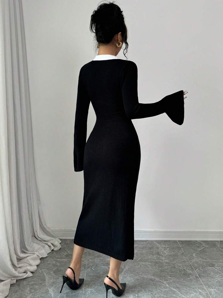 SHEIN Unity Elegant Women's Long Sleeve Knitted Dress, Holiday Funeral Dress, Black Fall Cloth For Women