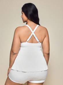 SHEIN Swim Curve 大码 V 领休闲纯色背心款式比基尼上衣夏季 - 白色 - 查看 2