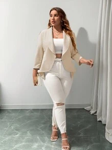 SHEIN Privé Áo khoác blazer cổ tròn hở phía trước cho mùa thu/đông - Màu be - Xem 5