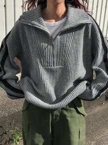 FRIFUL Suéter casual de manga larga con cremallera frontal y empalme de unicolor para mujer, ropa de otoño