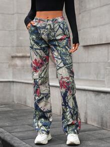 SHEIN EZwear 女士休闲宽松常规腰部迷彩印花牛仔裤，适合所有季节的百搭街头风格 - 彩色 - 查看 3