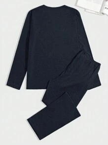 SHEIN Cottnline Cotton Men Bear Printed Button Neck Regular Long-Sleeve Homewear Set - Navy Blue - View 3