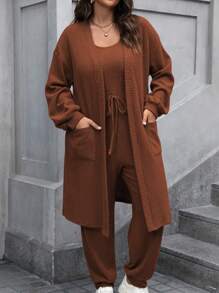 Calvaya Conjunto de 2 Peças, Macacão e Jaqueta em Cor Sólida com Textura Canelada, Plus Size, Casual para Uso Diário, Outono/Inverno