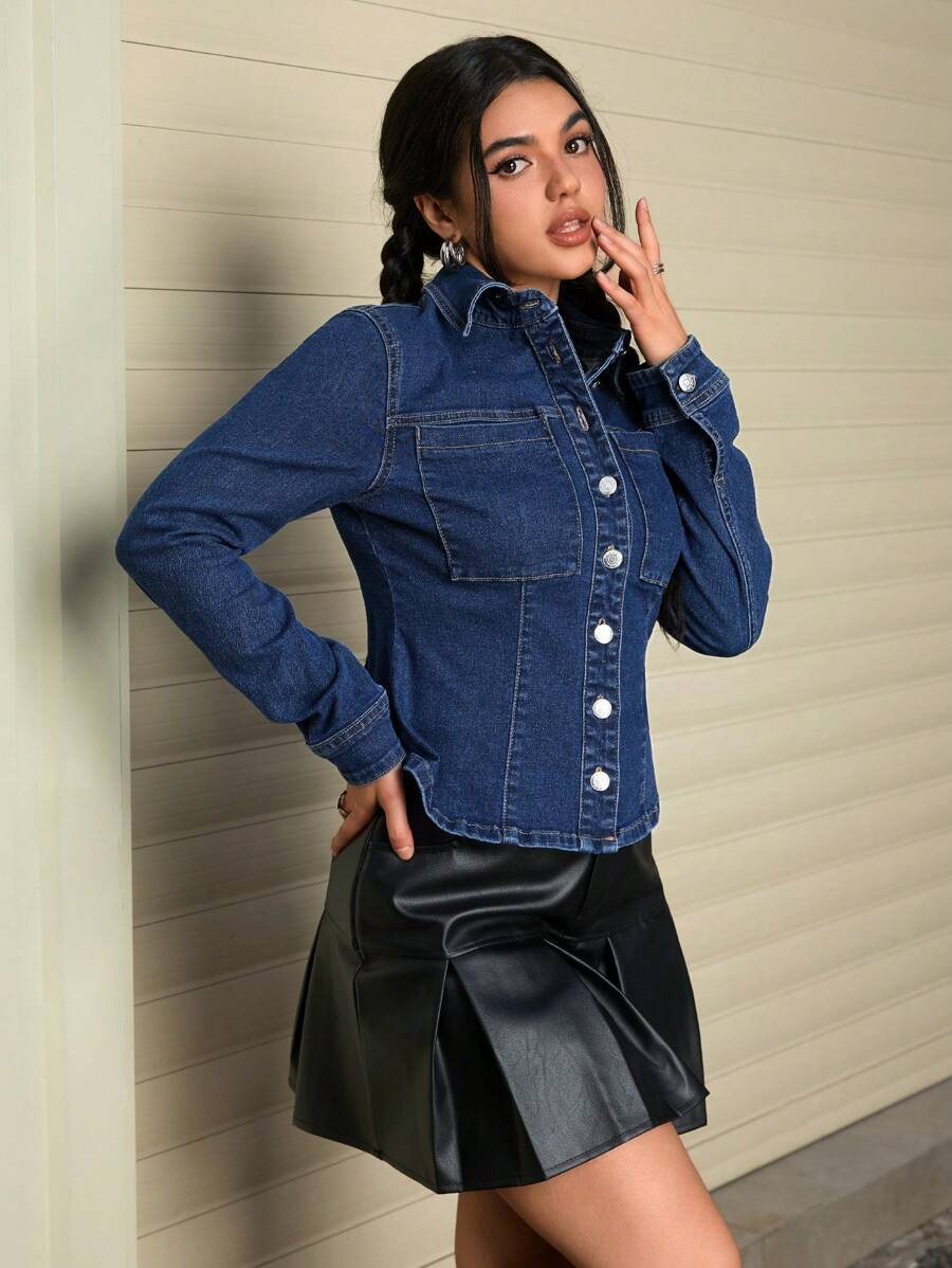 SHEIN EZwear Women's Casual Patch Pocket Single Breasted Denim Shirt