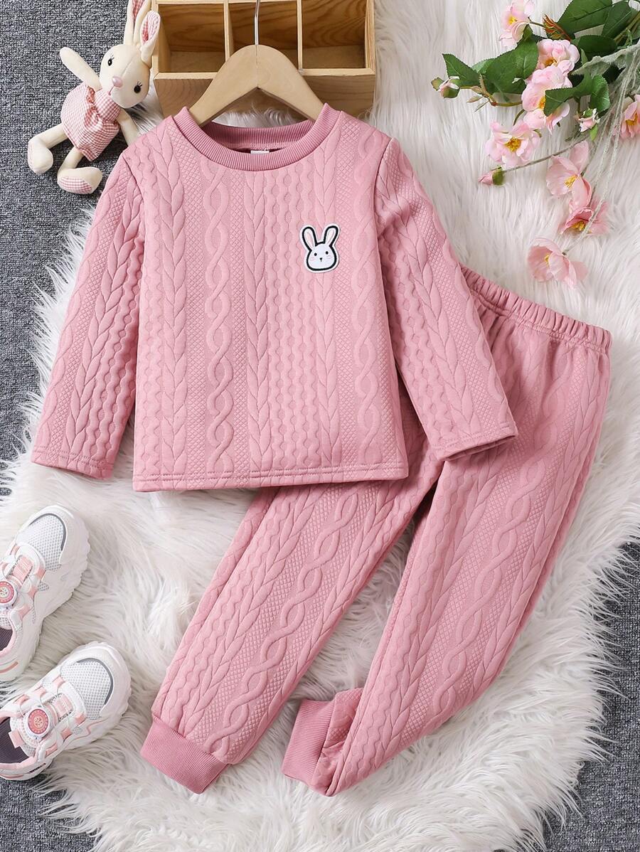 SHEIN 2pcs/Set Young Girl Crew Neck Cable Knit Rabbit Pattern Long Sleeve Top & Long Pants Pajama Sets, Warm For Autumn/Winter - Dusty Pink - View 1