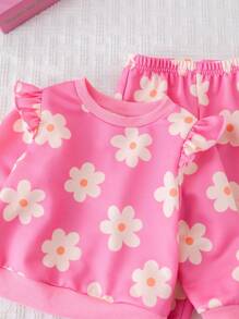 Cozy Pixies 2pcs/Set Baby Girl Floral Print Ruffle Collar Sweatshirt And Elastic Cuff Pants - Pink - View 5