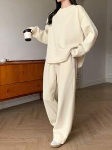 DAZY 2pcs Women Casual Round Neck Pullover Top And Loose Pants Set,Fall Clothes