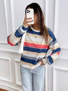 SHEIN LUNE Striped Print Colorblock Round Neck Casual Versatile Long Sleeve Sweatshirt Graduation,Back To School Outfits,Graduation,Teacher Outfits For Women,Back To School Pullover Fall Outfit