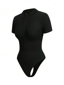 Seamless Yoga/Zipper Collar Design/Vertical Stripe Texture/Sports Yoga/Outdoor Running Fitness Jumpsuit - Black - View 3