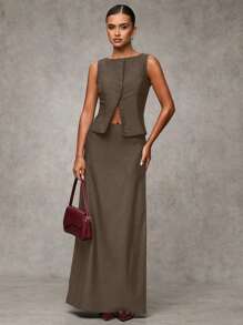 SHEIN BAE 女士夏季纯色单排扣背心和长裙优雅套装女士服装女士服装套装套装返校节黑色两件套女士秋季套装办公室套装 - 咖啡棕 - 查看 1