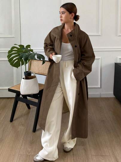 Livesso 1件装 女士纯色宽松长袖系带口袋纽扣长款风衣外套，秋季女装