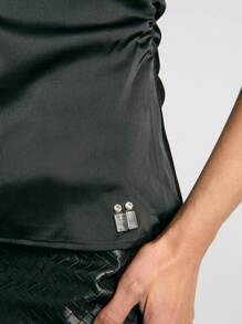 AiiRZ Satin Asymmetric Sleeves Metal Logo Detail Top - Black - View 4