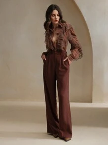 Anewsta 女士长袖蕾丝边刺绣珠饰美人鱼雪纺衬衫女式衬衫 - 棕色 - 查看 7