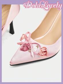 Dola Lovely Giày cao gót hở mũi họa tiết hoa nơ hồng trơn phong cách Lolita cho nữ - Hồng - Xem 8